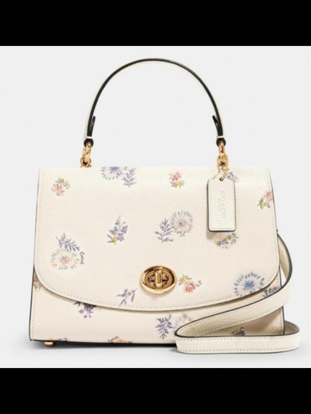 Coach Cream Floral Leather Top-Handle Satchel with Gold Hardware